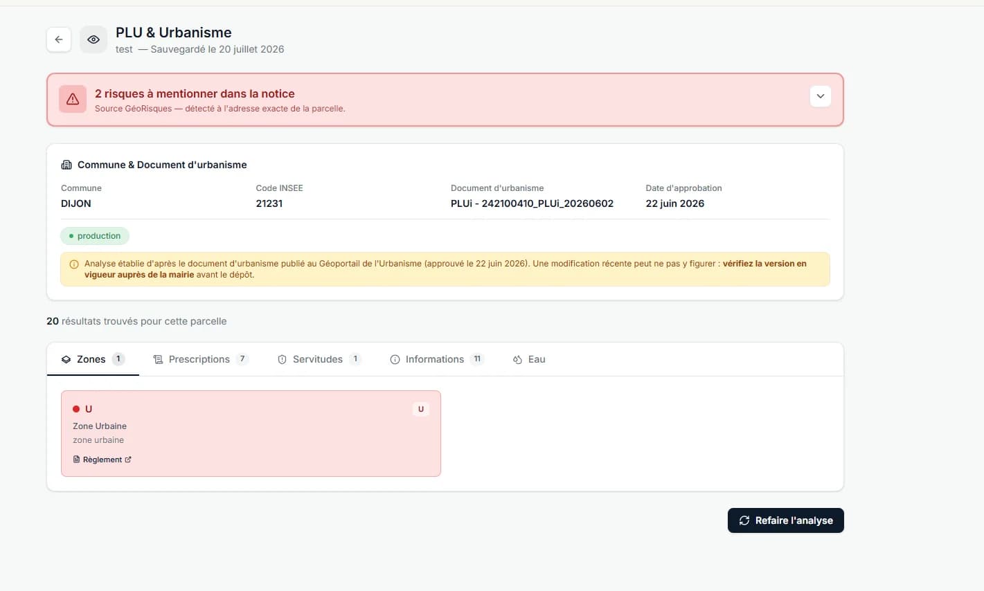 Analyse PLU et urbanisme automatisée dans la plateforme PCR