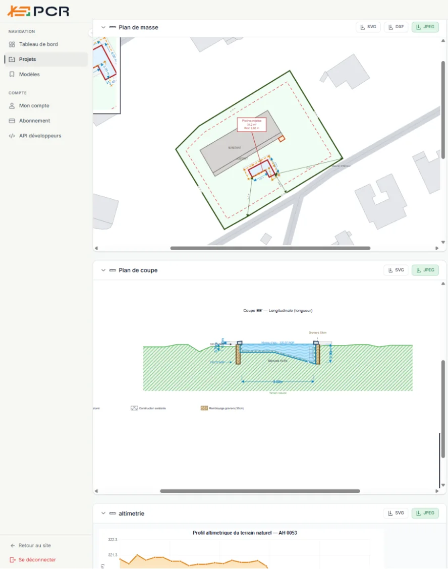 Plans réglementaires d'un projet de piscine générés par PCR : plan de masse coté, plan de coupe longitudinale et profil altimétrique du terrain